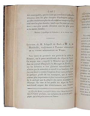 Seller image for Lettre de M. Lopold de Buch  M. A. de Humboldt, renfermant de Tableau gologique de la Partie Mriodinale du Tyrol. (+) Sur la Chaleur des Gaz et des vapeurs. - [THE MATHEMATICAL ANALYSIS OF HEAT - POISSON'S ISENTROPE.] for sale by Lynge & Sn ILAB-ABF