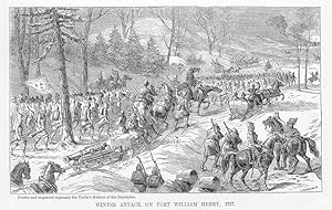 WINTER ATTACK ON FORT WILLIAM HENRY 1757,1877 WOOD ENGRAVING ANTIQUE ART PRINT CANADIAN HISTORICA...