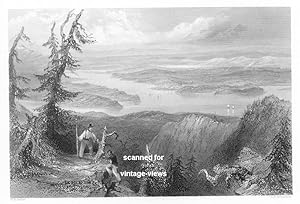 VIEW OVER LAKE MEMPHREMAGOG ,1842 STEEL ENGRAVING ANTIQUE ART PRINT CANADIAN HISTORICAL VIEW