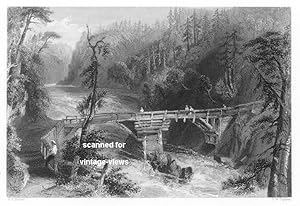 BRIDGE NEAR QUEBEC,1842 STEEL ENGRAVING ANTIQUE ART PRINT CANADIAN HISTORICAL VIEW