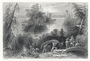 BURIAL PLACE OF THE VOYAGEURS,1842 STEEL ENGRAVING ANTIQUE ART PRINT CANADIAN HISTORICAL VIEW