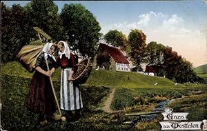 Ansichtskarte / Postkarte Gruß aus Westfalen, Bäuerinnen in Trachten, Westfalenlied