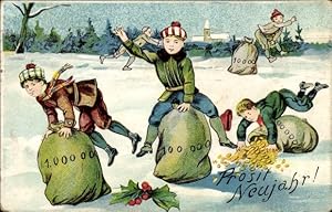 Ansichtskarte / Postkarte Glückwunsch Neujahr, Kinder beim Sackhüpfen mit Geldsäcken, Stechpalmen...