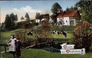 Ansichtskarte / Postkarte Gruß aus Westfalen, Kinder, Kühe, Häuser