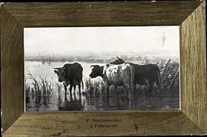Passepartout Künstler Ansichtskarte / Postkarte Stortenbecker, P., An der Tränke, Rinder