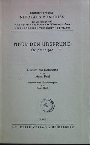 Seller image for ber den Ursprung; De principio. Schriften des Nikolaus von Cues. for sale by books4less (Versandantiquariat Petra Gros GmbH & Co. KG)