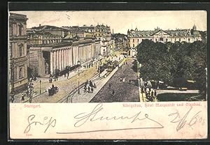 Relief-Ansichtskarte Stuttgart, Königsbau mit Hôtel Marquardt und Olgabau, Strassenbahn