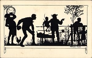 Scherenschnitt Ansichtskarte / Postkarte Winkler, R., Personen beim Kegeln vor einem Gasthaus, Wirt