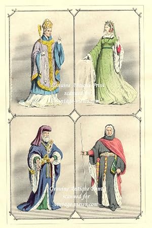 COSTUME A.D. 1392 - 1413, BISHOP - EARL - COUNTESS - JUDGE,1870s Colored Wood Engraving - Antique...