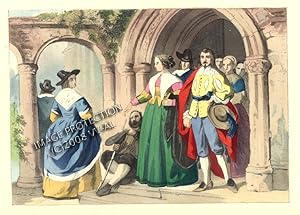 DRESS OF THE COMMONALTY in the TIME OF CHARLES II 1630,1870s Colored Wood Engraving - Antique Print