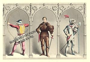 MILITARY COSTUME - MIDDLE OF THE FIFTEENTH CENTURY,BOWMAN - SWORDSMAN - KNIGHT,1870s Colored Wood...
