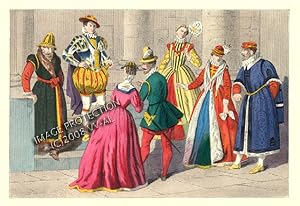 COSTUMES 1550 - 1580 ca. 1870s Colored Wood Engraving - Antique Print