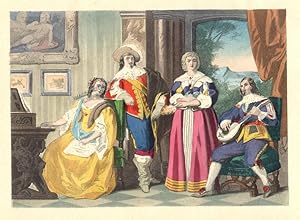 CAVALIER COSTUME in the TIME OF CHARLES II 1670,1870s Colored Wood Engraving - Antique Print