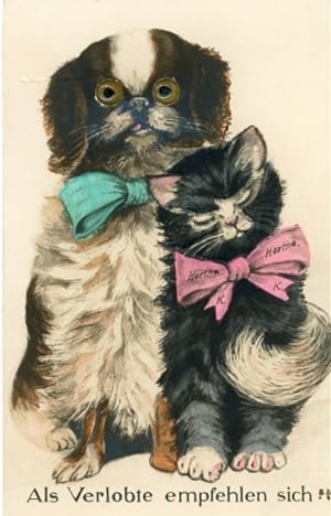Ansichtskarte / Postkarte Hund und Katze "Als Verlobte empfehlen sich"