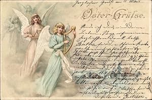 Ansichtskarte / Postkarte Oster-Grüße, musizierende Engel mit Harfe und Triangel
