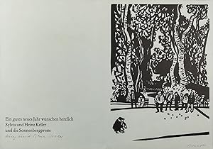 Bocciaspieler. Neujahrskarte, 1984. Holzschnitt. Rechts unten handsigniert: Keller 84, links auf ...