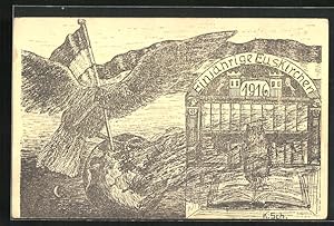 Künstler-Ansichtskarte Euskirchen, Einjährige Euskirchen 1916, Adler mit Fahne, Eule auf Buch, Ab...