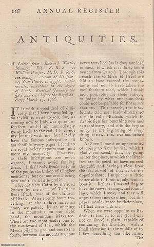 Imagen del vendedor de A Letter from Edward Wortley Monagu to William Watson containing an account of his journey from Cairo, in Egypt, to the written mountains in the desert of Sinai. An original article from the Annual Register for 1767. a la venta por Cosmo Books