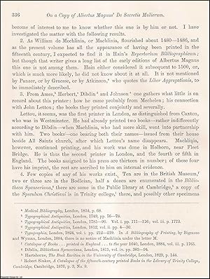 Immagine del venditore per On a Copy of Albertus Magnus' De Secretis Mulierum, printed by Machlinia. An uncommon original article from the journal Archaeologia, 1886. venduto da Cosmo Books