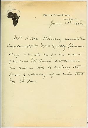 CHOICE LETTER FROM THE ANGLO-AMERICAN JOURNALIST AND EXPLORER OF AFRICA -- SIR HENRY MORTON STANL...