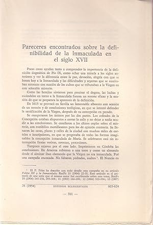 Bild des Verkufers fr PARECERES ENCONTRADOS SOBRE LA DEFINIBILIDAD DE LA INMACULADA EN EL SIGLO XVII (EXTRAIDO ORIGINAL DEL AO 1954, ESTUDIO COMPLETO TEXTO INTEGRO) zum Verkauf von Libreria 7 Soles