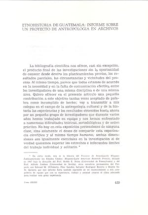 Seller image for ETNOHISTORIA DE GUATEMALA: INFORME SOBRE UN PROYECTO DE ANTROPOLOGIA EN ARCHIVOS (EXTRAIDO ORIGINAL DEL AO 1976, ESTUDIO COMPLETO TEXTO INTEGRO) for sale by Libreria 7 Soles