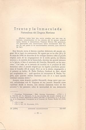 Bild des Verkufers fr TRENTO Y LA INMACULADA, NATURALEZA DEL DOGMA MARIANO (EXTRAIDO ORIGINAL DEL AO 1954, ESTUDIO COMPLETO TEXTO INTEGRO) zum Verkauf von Libreria 7 Soles