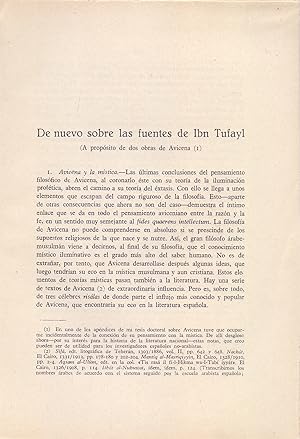 Seller image for DE NUEVO SOBRE LAS FUENTES DE IBN TAFAYL, A PROPOSITO DE DOS OBRAS DE AVICENA (EXTRAIDO ORIGINAL DEL AO 1947, ESTUDIO COMPLETO TEXTO INTEGRO) for sale by Libreria 7 Soles