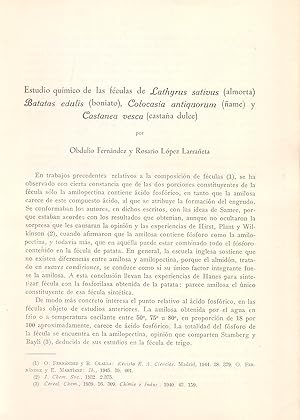 Bild des Verkufers fr ESTUDIO QUIMICO DE LAS FECULAS DE LATHYRUS SATIVUS (ALMORTA) BATATAS EDULIS (BONIATO), COLOCASIA ANTIQUORUM (AME) Y CASTANEA VESCA (CASTAA DULCE) (EXTRAIDO ORIGINAL DEL AO 1947, ESTUDIO COMPLETO) zum Verkauf von Libreria 7 Soles