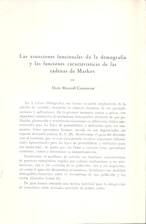 Seller image for LAS ECUACIONES FUNCIONALES DE LA DEMOGRAFIA Y LAS FUNCIONES CARACTERISTICAS DE LAS CADENAS DE MARKOV (EXTRAIDO ORIGINAL DEL AO 1968, ESTUDIO COMPLETO TEXTO INTEGRO) for sale by Libreria 7 Soles