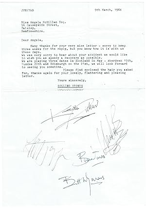Typed letter signed by all Jagger,Richards, Wyman and Charlie Watts together with a strand of hai...