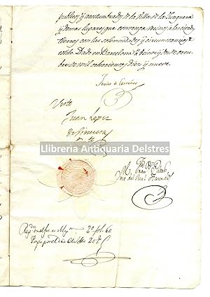 Imagen del vendedor de Don Francisco Javier de Castaos [.] Por cuanto por parte de Esteban Vilar se los ha presentado un memorial del tenor siguiente [.] Que por mis legitimos titulos me hallo dueo y poseedor de varias fincas de olivos, vias, campos, prados, huertos y bosques situadas en el termino de dicha villa en los quales se cometen muy repetidos excesos perturbatorios al respetable derecho de propiedad, ya sea hurtando las aceitunas, uvas, mieses, granos, legumbres, [.] ya sea cortando arboles, [.]no menos que haciendo caminos nuevos e inusitados y otros daos [.] Dado en Barcelonaa veinte y dos de octubre de mil ochocientos y diez y nueve. a la venta por Llibreria Antiquria Delstres