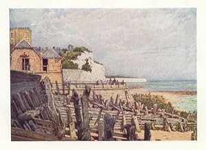 BROADSTAIRS FROM THE PIER BLEAK HOUSE ON THE LEFT ,1907 COLOUR VINTAGE SEASCAPE PRINT
