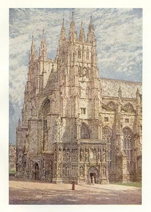 CANTERBURY CATHEDRAL THE WEST TOWERS AND SOUTHWEST ENTRANCE,1907 COLOUR VINTAGE ARCHITECTURAL PRINT