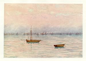 THE WHITSTABLE OYSTER FLEET DREDGING OFF HERNE BAY,1907 COLOUR VINTAGE SEASCAPE PRINT