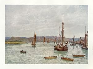 LOOKING DOWN THE MEDWAY FROM CHATHAM PIER IN KENT,1907 COLOUR VINTAGE ART PRINT