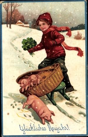 Ansichtskarte / Postkarte Glückliches Neujahr Kind mit Schlitten, Kleeblätter, Schweine