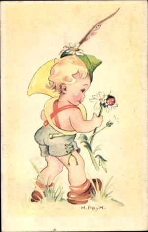 Künstler Ansichtskarte / Postkarte Peyk, Hilla, Kind mit Blasinstrument und Blume, Marienkäfer
