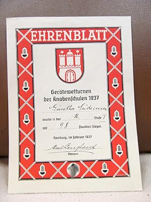 Ehrenblatt Gerätewetturnen der Knabenschulen 1937. Ausgestellt für Günther Süde.(? unleserlicher ...