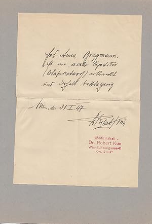 Autograph. Handschriftliche Krankmeldung für Frl. Anna Bergmann. Wien, 31. Januar (19)47 mit Stem...