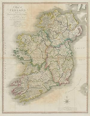 A map of Ireland divided into Provinces and Counties showing the great and cross roads with the d...