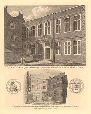 North view of Queen Elizabeth's Free Grammar School, St. Saviour's, Southwark; south view of the ...