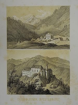 Imagen del vendedor de 1. Leopoldstein. 2. Festenburg. 2 Ansichten auf 1 Blatt. Tonlithographie aus Carl Reichert "Einst und jetzt". Graz, Schneider 1863-66, 13 x 18 cm a la venta por Antiquariat Johannes Mller