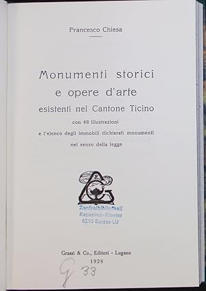 Bild des Verkufers fr Monumenti storici e opere d'arte esistenti nel Cantone Ticino. zum Verkauf von Antiquariat Bookfarm