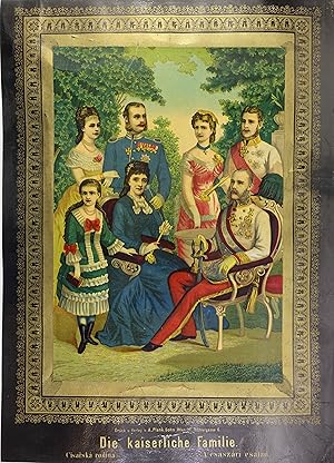 Bild des Verkufers fr Die kaiserliche Familie. Cisarska rodina. Aesaszari esalad. Chromolithographie mit goldgedr. Borre. Wien, A, Plank Sohn um 1881, 47 x 34 cm (Blattgr.) zum Verkauf von Antiquariat Johannes Mller