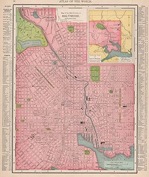 Map of the main portion of Baltimore; Inset outline map of Baltimore