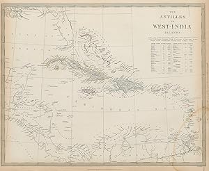 THE ANTILLES OR WEST INDIA ISLANDS, and Caribbean Sea; inset table of population by island