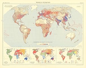 Seller image for World mankind (Winkel's "Tripel" projection) // distribution and density of population // races indigenous type (after R.Biasuti and others) // languages // religions for sale by Antiqua Print Gallery