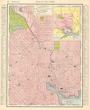 Map of the main portion of Baltimore; Inset outline map of Baltimore