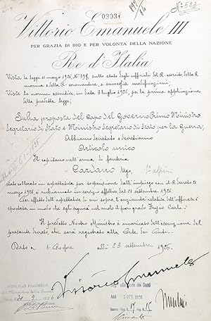 Benito Mussolini and Vittorio Emanuele III Autograph Document Signed.